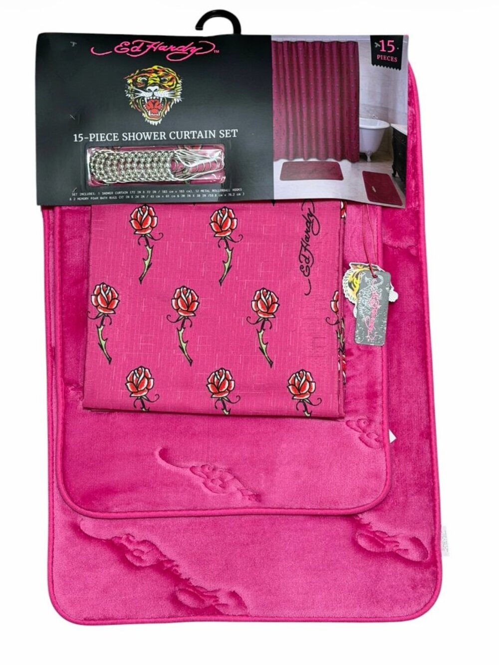 Ed Hardy Pink Rose Shower Curtain Bath Rug Set | NEW